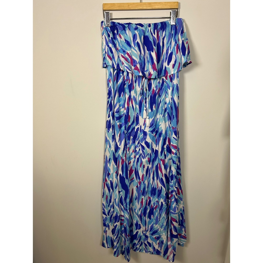 Japna‎ Womens Strapless Maxi Dress M Blue Abstract Print Flounce Tassel Boho
